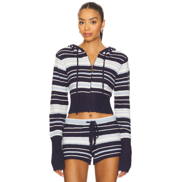 Dairy Boy Sweaters - Dairy Boy Surfside Striped Knit Zip Up in Ocean Blue